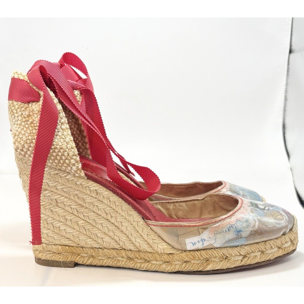 Christian Louboutin Red Ribbon Espadrille Wedge with Printed Toe
